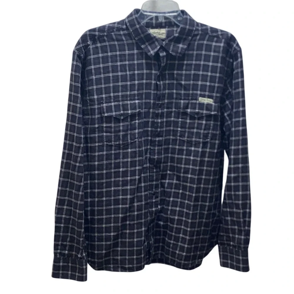 Lucky Brand Mens Navy Blue Plaid Western Snap Front Long Sleeve Shirt Large
